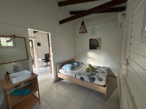 een slaapkamer met een bed en een wastafel bij L'EdenKrys 2 avec son jacuzzi in La Trinité