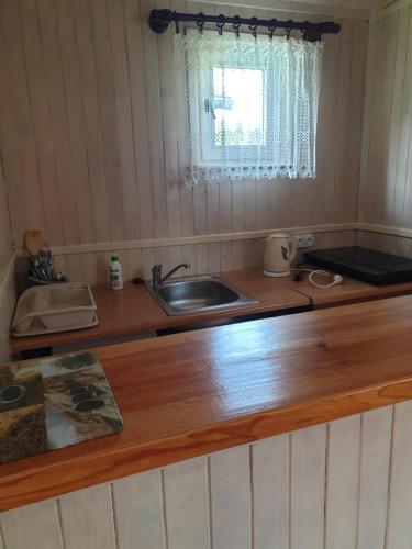 um balcão de cozinha com um lavatório e uma janela em Słoneczny Dworek em Dąbki