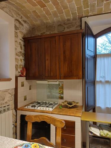 eine Küche mit Holzschränken und einem Herd mit Backofen in der Unterkunft Agriturismo San GIovanni Ad Insulam in Isola del Gran Sasso dʼItalia