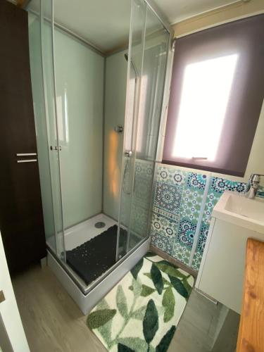 une douche avec une porte vitrée dans une salle de bain dans l'établissement Mobil home confortable Gorges du Verdon, à Sainte-Croix-de-Verdon