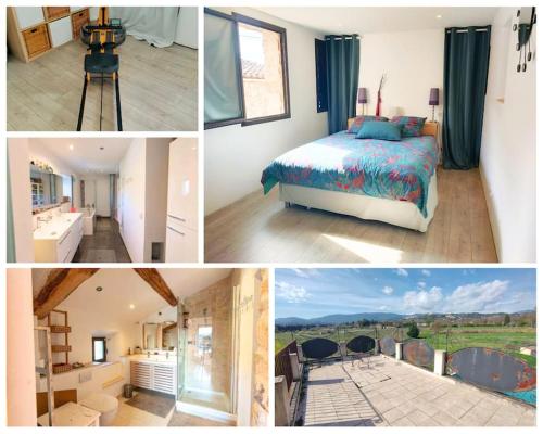 un collage de photos d'une chambre avec un lit dans l'établissement Mas de la Grande Bastide, piscine, vue panoramique, à Tourrettes