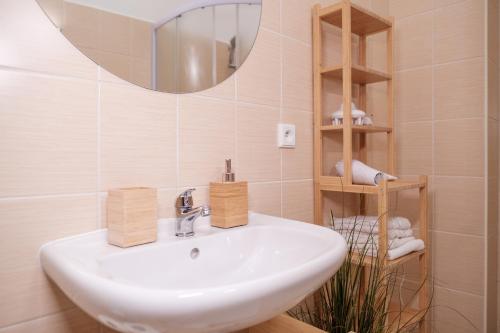 a bathroom with a white sink and a mirror at U staré cesty in Horní Slavkov