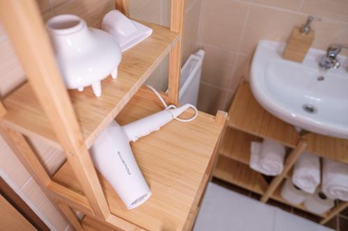 a bathroom with a sink and a shelf with a toothbrush at U staré cesty in Horní Slavkov