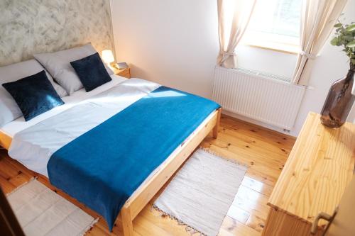 a bedroom with a bed with blue sheets and a window at U staré cesty in Horní Slavkov