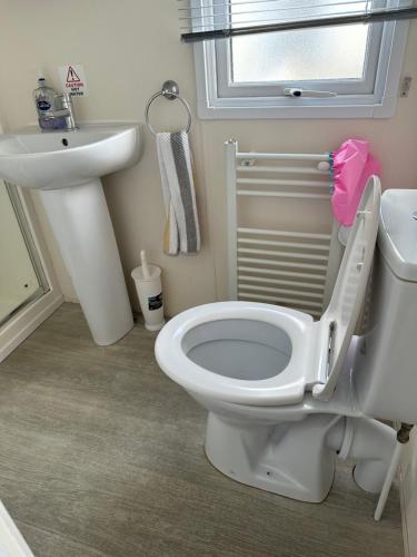 a bathroom with a white toilet and a sink at D34 in Steeple