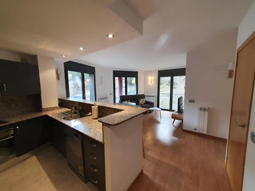 a kitchen with a counter top and a living room at Altissim Tarter - Inclès - Ransol in El Tarter