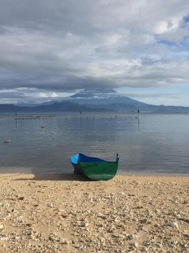 a boat sitting on the shore of a beach at Maha di Nusa Lembongan in Nusa Lembongan