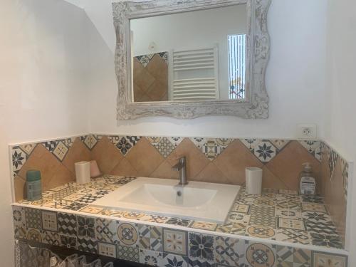 een badkamer met een wastafel en een spiegel bij La Miougrano in Plan-dʼOrgon