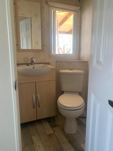 une salle de bain avec toilettes, lavabo et fenêtre dans l'établissement Mobil home LAC DES REVES, à Lattes