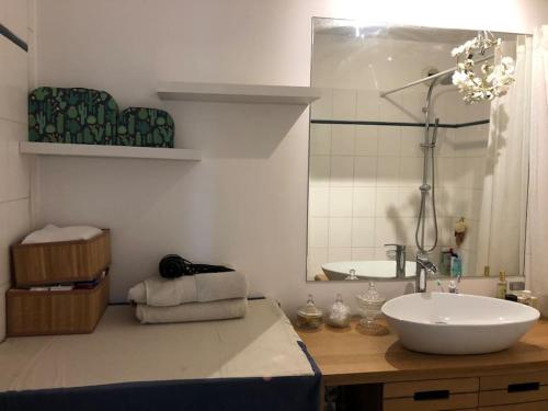 een badkamer met een witte wastafel en een spiegel bij T3 au cœur du village olympique in Saint-Denis