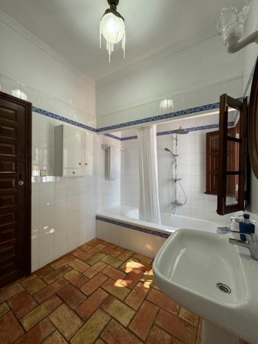a bathroom with a sink and a bath tub at Garden Suites Xativa in Xàtiva