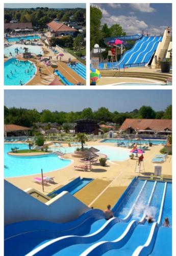 duas fotografias de uma piscina num resort em Mobil home neuf 693 à la réserve 8 personnes avec terrasse couverte em Gastes