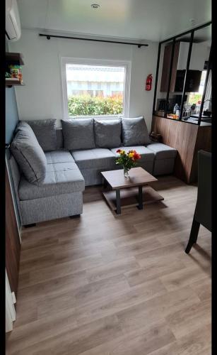 un salon avec un canapé et une table dans l'établissement Mobil home 693 à la réserve 8 personnes avec terrasse couverte, à Gastes