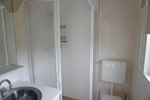un bagno con wc, lavandino e doccia di Kustverhuur, Groede, Paarlhof 53 a Groede