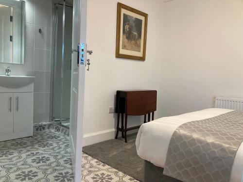 a bathroom with a bed and a sink and a shower at Cille Apartments, Ballyferriter village in Ballyferriter