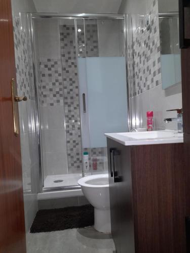 y baño con ducha, aseo y lavamanos. en sweet house close to airport en El Prat de Llobregat