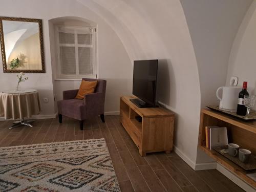 a living room with a television and a chair at Bem Villa Apartman, Kőszeg in Kőszeg