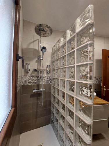 a bathroom with a shower with clear glass shelves at ToledoAloja - Estudio en Toledo in Toledo