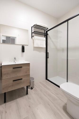 a bathroom with a sink and a toilet and a shower at Apartamentos Rosado in Segovia
