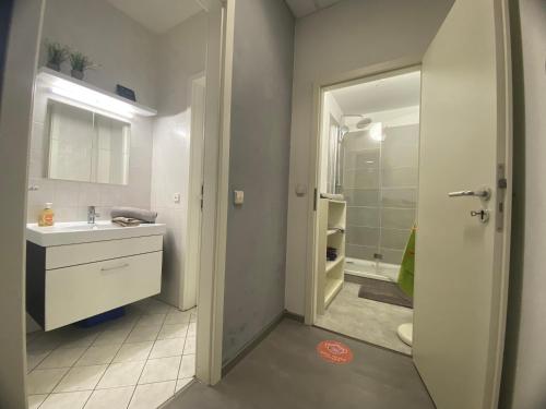 a bathroom with a sink and a toilet and a shower at Studio 2 mit Gemeinschaftsräumen, Tiefgarage in Leipzig
