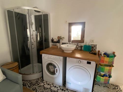 a bathroom with a washing machine and a sink at Logement atypique avec jacuzzi inclus in Mallemort