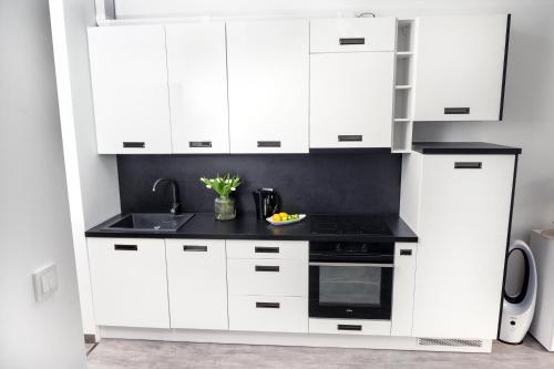 a kitchen with white cabinets and a sink at Modern Loft SPA in Dziwnów