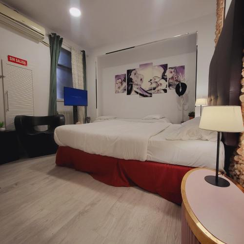 a bedroom with a large bed and a desk with a lamp at ROOMS OPERA in Madrid