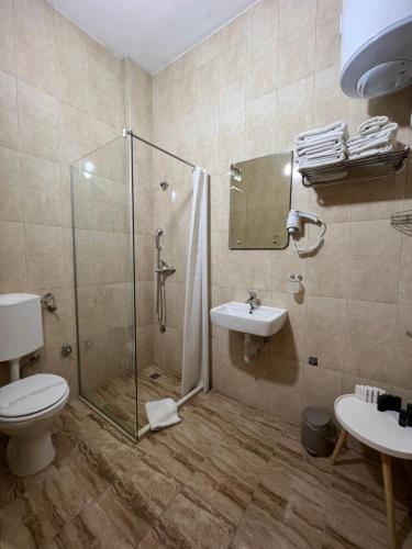 ein Bad mit einer Dusche, einem WC und einem Waschbecken in der Unterkunft Stan na dan / rent-a-flat per day in Bugojno