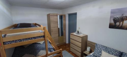 a bedroom with two bunk beds and a zebra picture on the wall at Apartma Soča Oasis in Srpenica