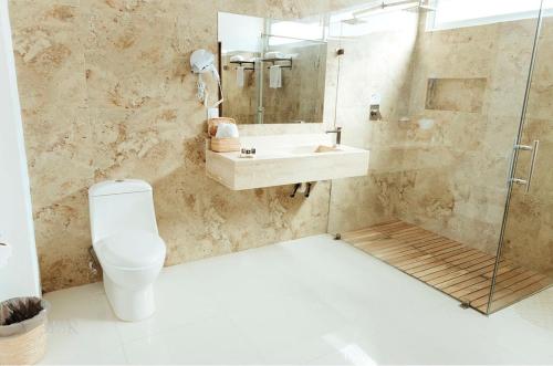 uma casa de banho com um WC, um lavatório e um chuveiro em CASA MAIA MEILÉ em Jiutepec