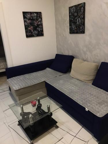 uma sala de estar com duas camas e uma mesa em Ivet Apartmets em Ledine