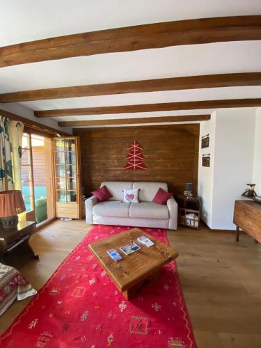 代堡Charming apartment with great view的带沙发和红色地毯的客厅