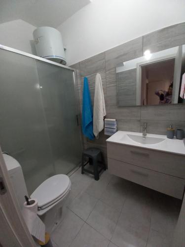 ein Bad mit einem WC, einem Waschbecken und einer Dusche in der Unterkunft La Dimora di Ketty in Scicli