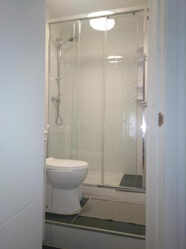 a bathroom with a toilet and a glass shower at Estudio. Sada, A Coruña. in Sada