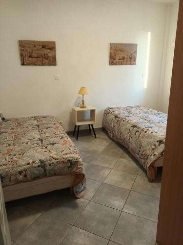 une chambre avec deux lits et une table avec une lampe dans l'établissement Mas d'yvan, à Arles