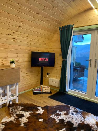 a living room with a television in a wooden wall at Beautiful Seaview Lodge overlooking Loch Linnhe in Fort William