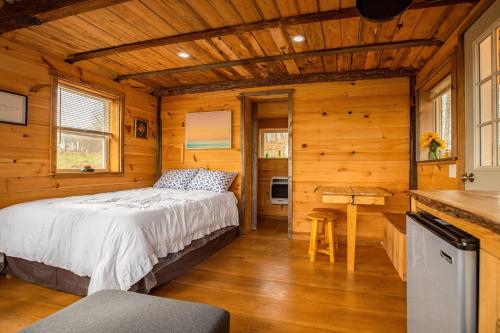 Clinton的住宿－The Cabin at Sunnybrook - Unit C，小木屋内的卧室,配有一张床和一张书桌