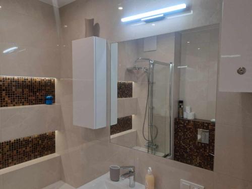 Słońce Bemowa في وارسو: حمام أبيض مع دش ومغسلة