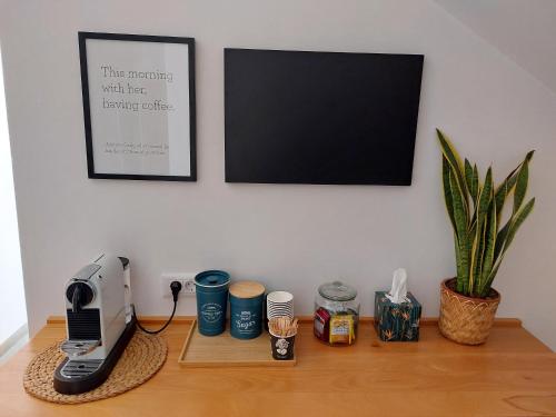 a desk with a printer and a plant on it at Vila Luka 2 in Hvar