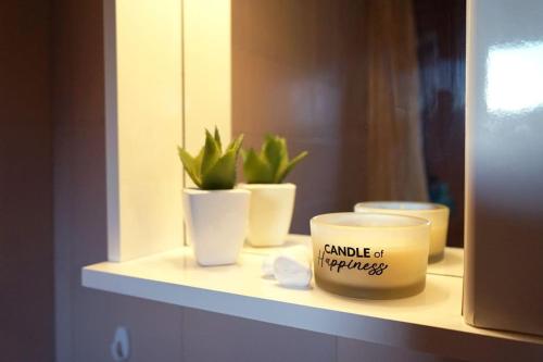 a shelf with three potted plants and a candle on it at Taki's & Anna's in Levkóyia