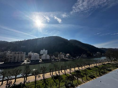 a view of a river with buildings and a mountain at Apartment am Kurpark mit traumhafter Terrasse in Bad Ems