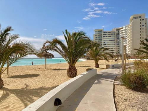 une plage de sable avec des palmiers et un bâtiment dans l'établissement Hermoso Departamento Serena Laguna del Mar - Vista al Mar con Estacionamiento Privado, à La Serena