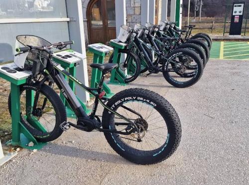 una fila de motos verdes estacionadas una al lado de la otra en Piece of Heaven, en Samobor