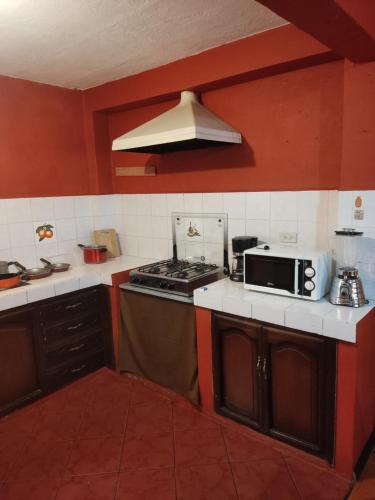 a kitchen with a stove and a microwave at Departamento en Cuenca in Cuenca