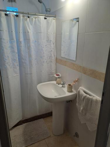 baño con lavabo y cortina de ducha en Departamento Alero en Goya