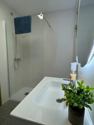 a white bathroom with a shower and a sink at Apartamento Levante en Chinchilla con vistas in Chinchilla de Monte Aragón