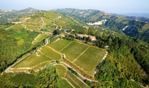 an aerial view of a vineyard on a mountain at Relais San Maurizio in Santo Stefano Belbo