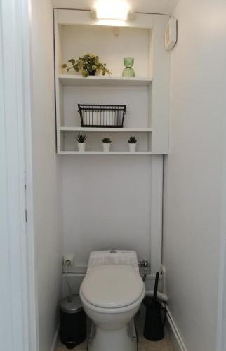 La salle de bains est pourvue de toilettes et d'étagères avec des plantes. dans l'établissement Petit appartement en bord 2 mer., à Veules-les-Roses