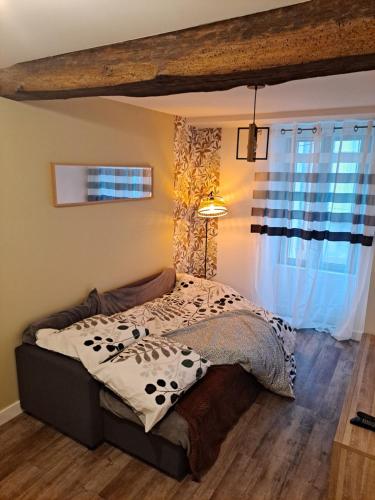 ein Schlafzimmer mit einem Bett mit einer Lampe und einem Fenster in der Unterkunft logement T2 neuf - centre-ville in Parthenay