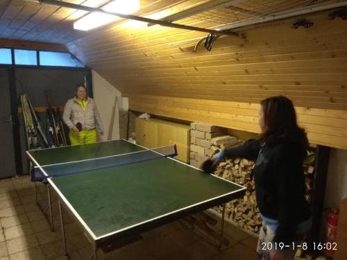 a woman standing next to a ping pong table at Chalupa František Filipovice in Filipovice